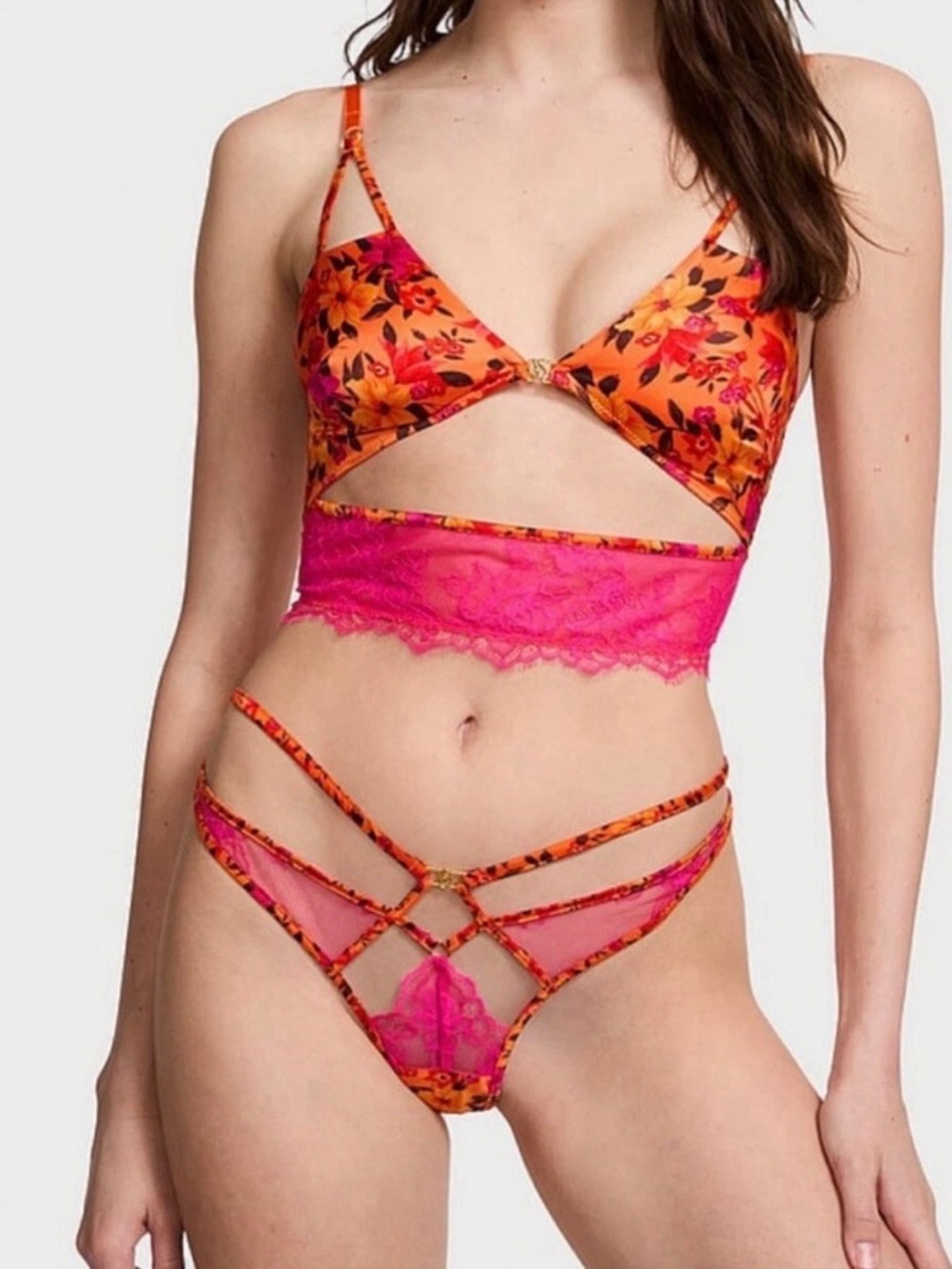 Victoria's Secret Floral Cutout Bralette & Strappy Bikini Set - Orange & Pink